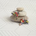 Boucles Oiseaux Origami bleu foncé avec fleurs rouges et or - 23,00 €